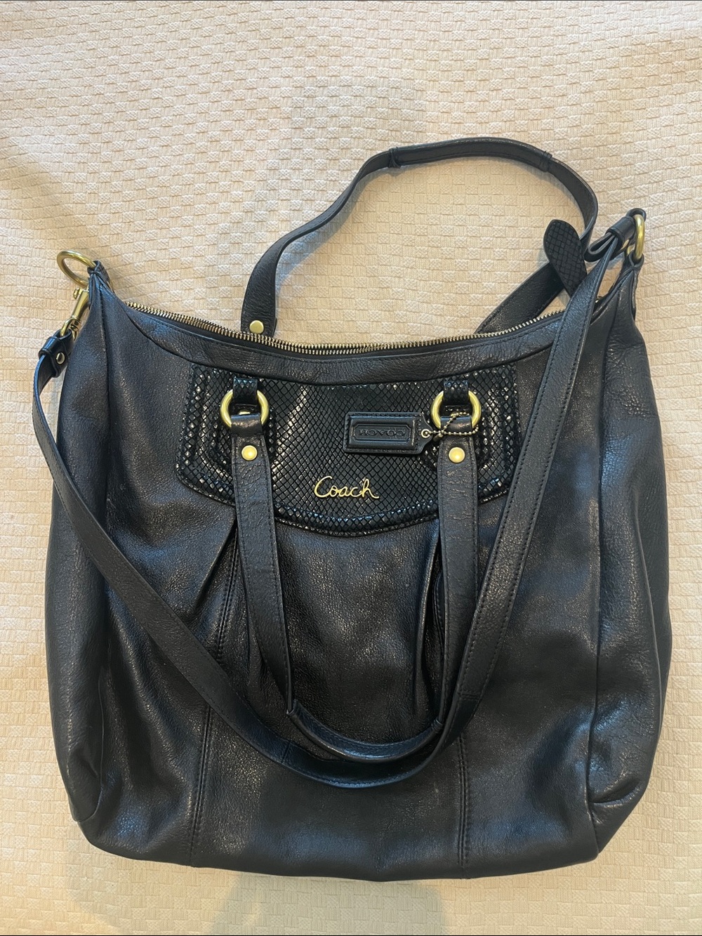 Coach Black Leather Shoulder Tote with Gold Hardware